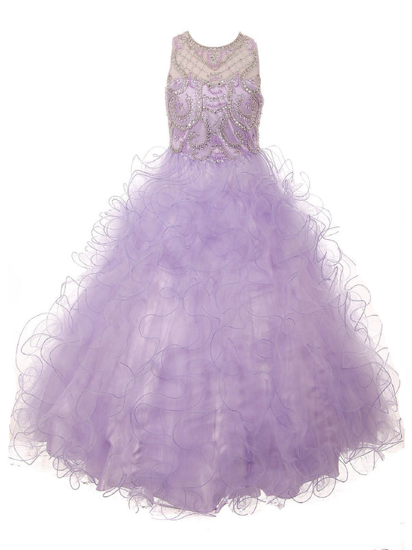 Big Girls Lilac Ruffles Rhinestone Illusion Neck Pageant Dress 8-16 - SophiasStyle.com